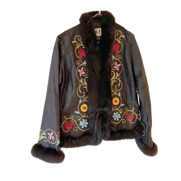 M. MILLER Black Silk Embroidered Boho Fur Collar & Cuff Evening Jacket.Size LG - Picture 6 of 11